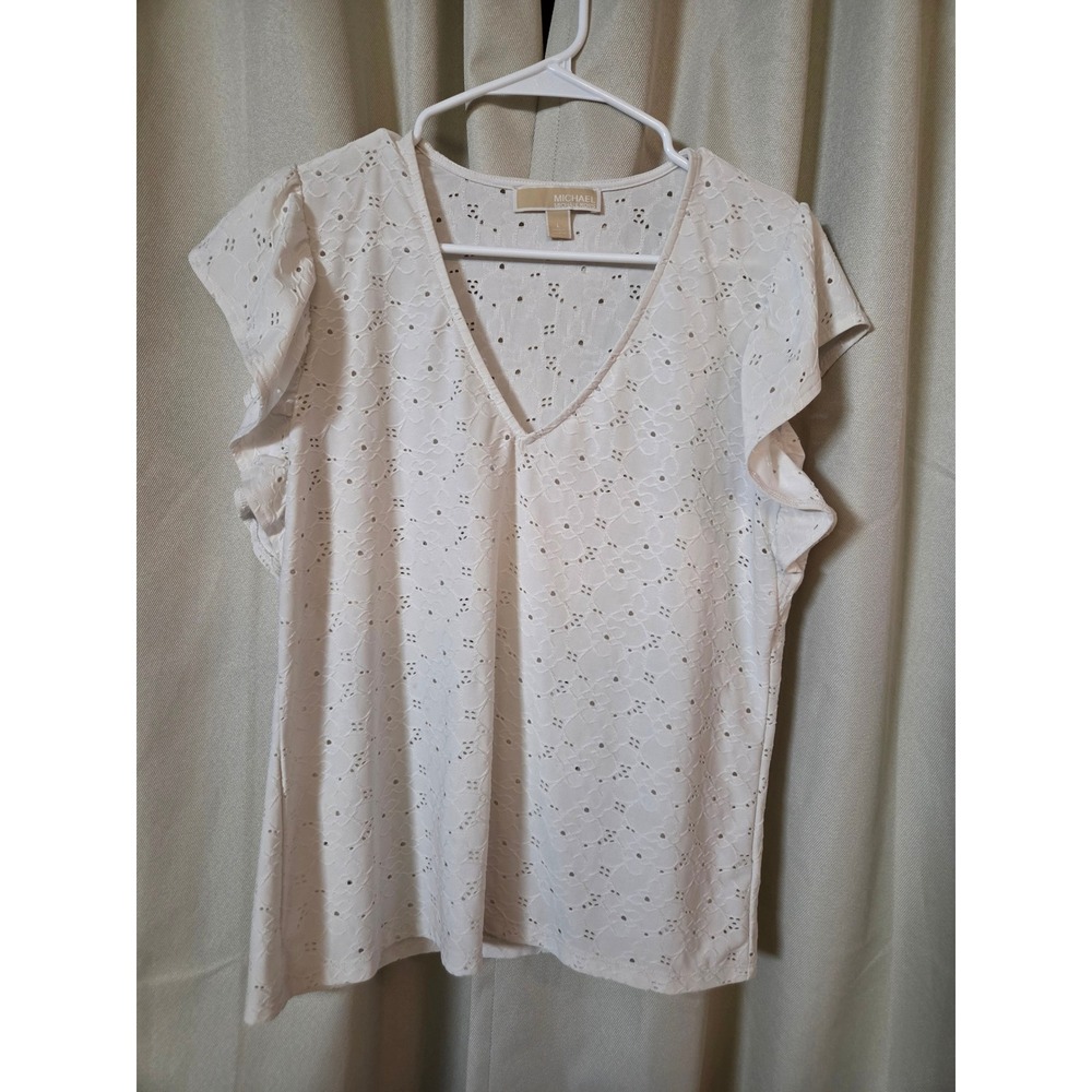 Michael Kors White Eyelet V-Neck Flutter Sleeve Blouse Top Large Festival Boho